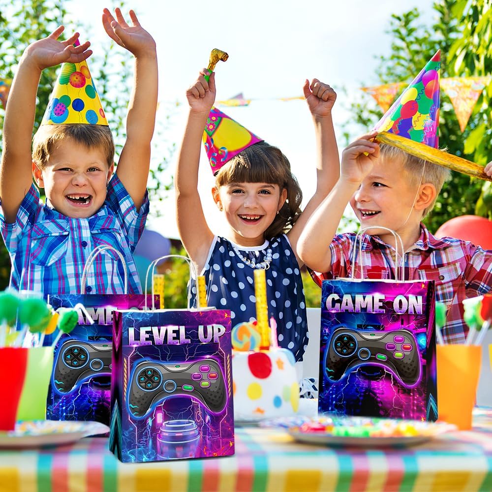 JOYGATHER 24 Pcs Gamer Party Favors Bags with Handles, Video Game Goodie Bags, Gift Bags, Candy Bags with 2 Different Types, Gaming Kraft Paper Bags for Birthday Party Supplies Baby Shower Decorations
