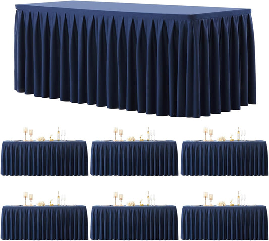 6 Pack Navy Blue Rectangle Tablecloth 8 FT Stretch Spandex Fitted Table Cloth for 8 Foot Rectangle Tables Banquet Tablecloths Wrinkle Free Table Cover Skirt Ruffle Tablecloth for Party Wedding