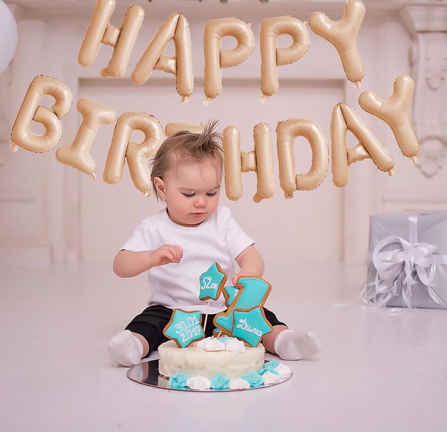 KALOR Beige Happy Birthday Balloons Banner, 16 Inch Mylar Foil Letters Balloon Sign for Women, Men, Boys & Girls Kids Birthday Decorations Photo Backdrop