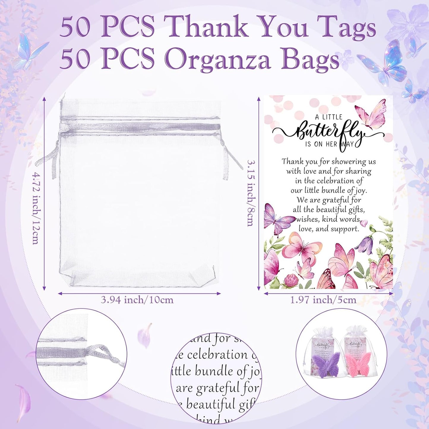 50 Sets Butterfly Themed Baby Shower Favors Butterfly Soap with Thank You Cards Gift Bag for Guest Gender Reveal Party Decorations Baby Shower Game Prizes Wedding Favor(Pink and Purple)