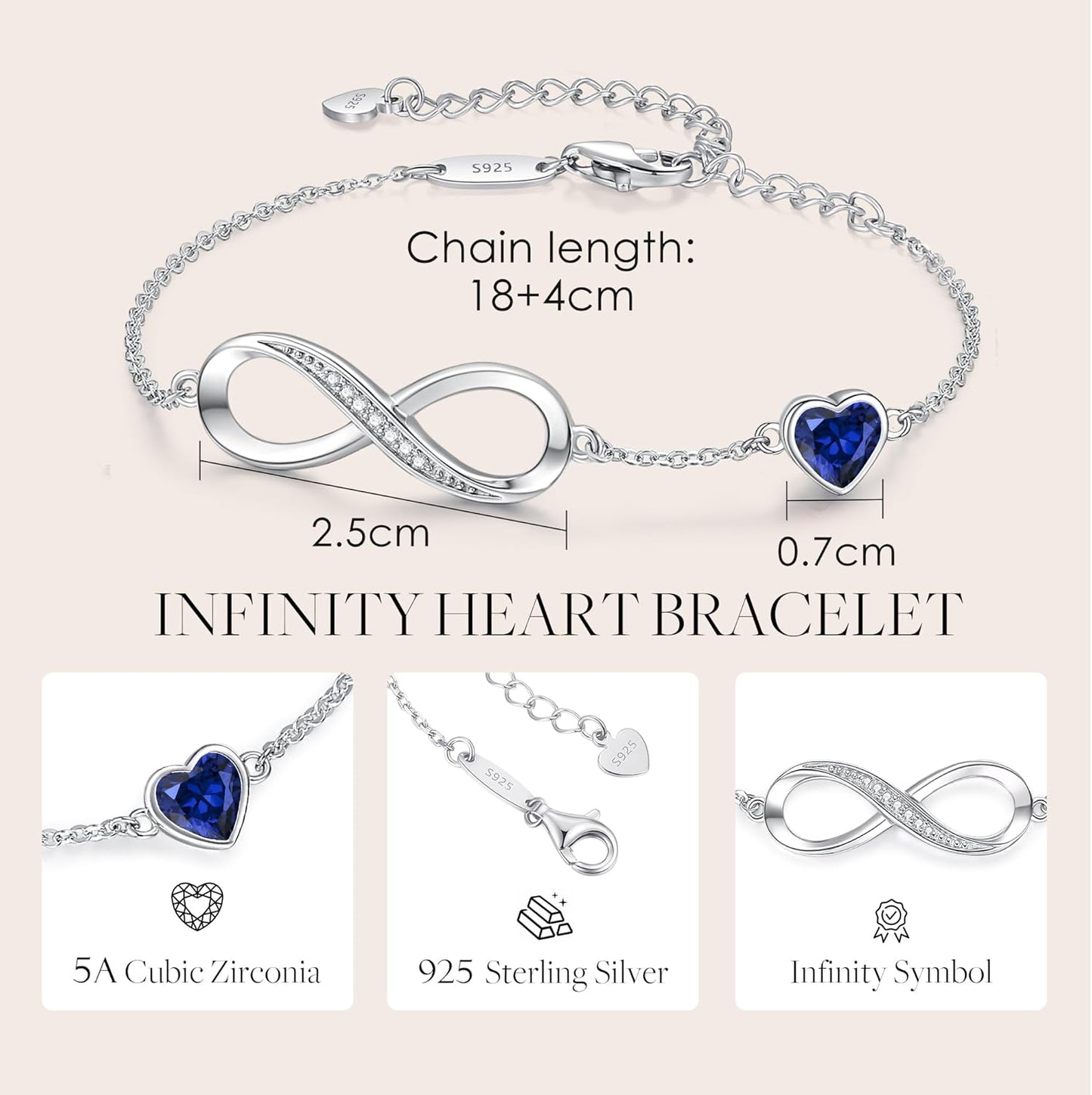 CDE Infinity Heart Birthstone Charm Link Bracelet for Women 925 Sterling Silver Adjustable Mother's Day Christmas Day Gift Anniversary Birthday Jewelry for Wife Girlfriend Her