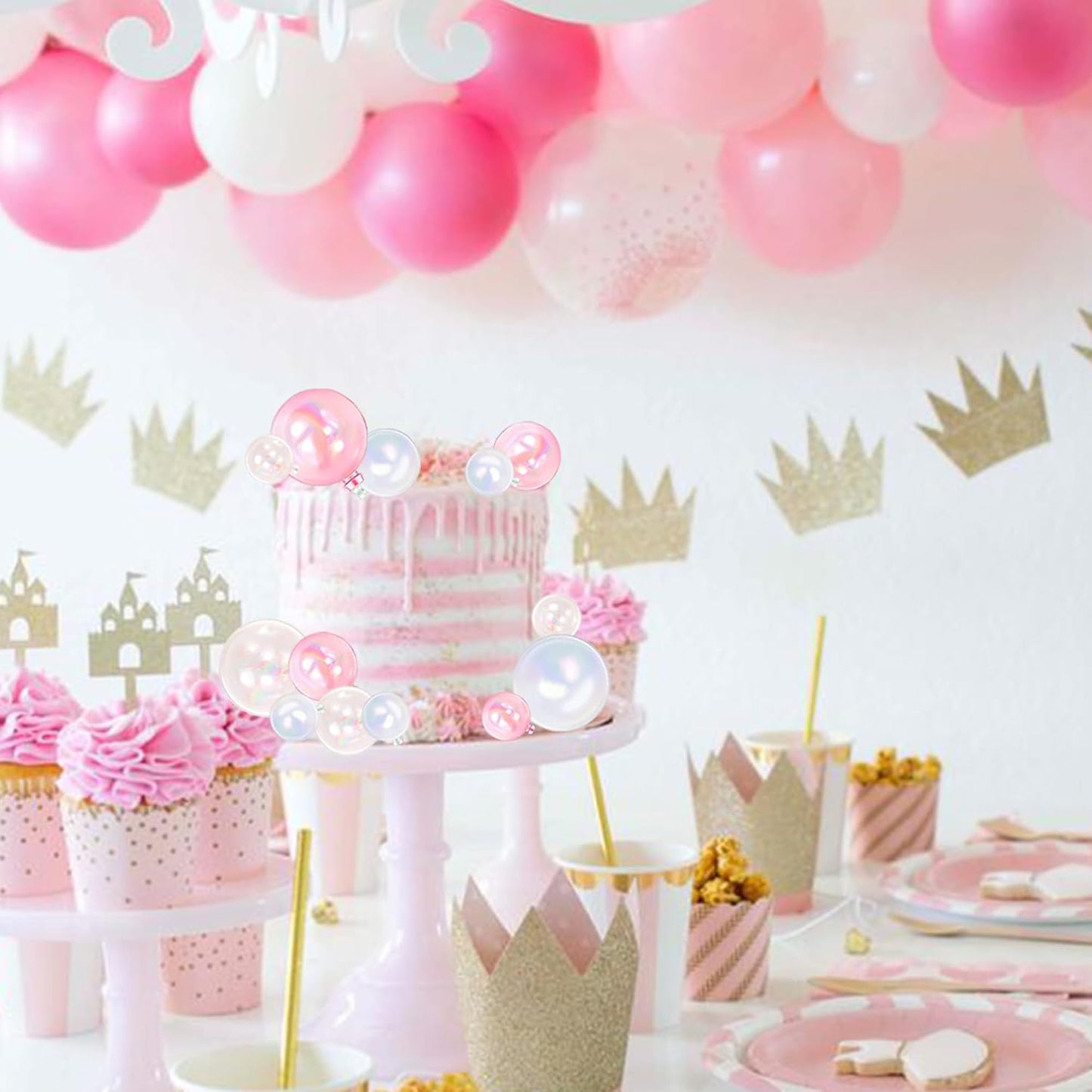 Rsstarxi 24 PCS Ball Cake Toppers - Mini Balloon, DIY Cake Inserts & Picks for Baby Shower, Wedding, Kids Parties - Clear, White, Pink Foam Balls