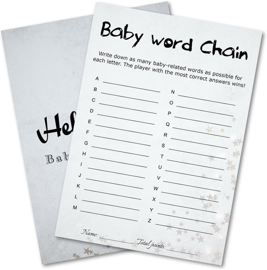Baby Shower Word Chain Trivia Game Cards - 30 Player Minimalist with Answer Keys, Light Gray Star Design, Instant Fun (Word Chain)