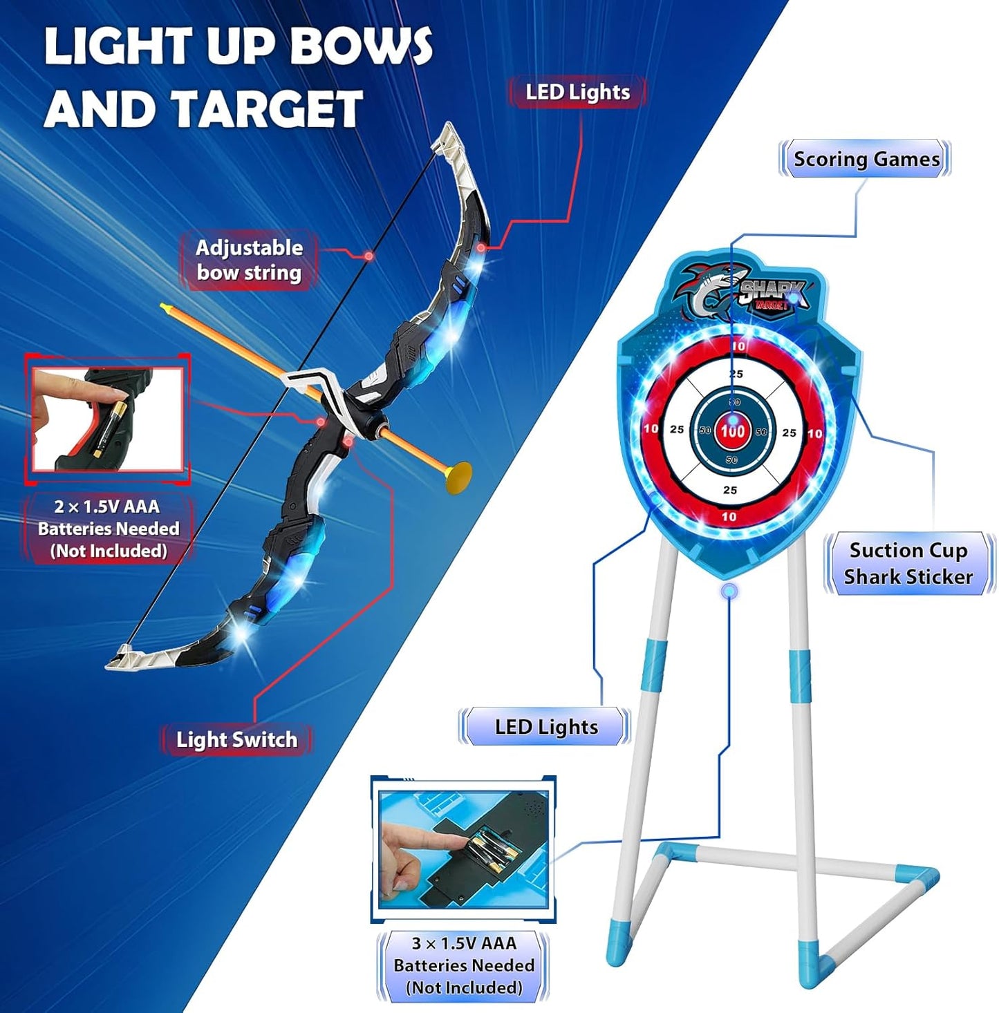 VATOS 2 Pack Bow and Arrow Toy with LED Light - 4 in 1 Archery & Dart Game Set with 20 Suction Cup Arrows, Shark Glow Target & Dart Board - Indoor/Outdoor Birthday Gift for Kids Boys Girls Ages 5-12
