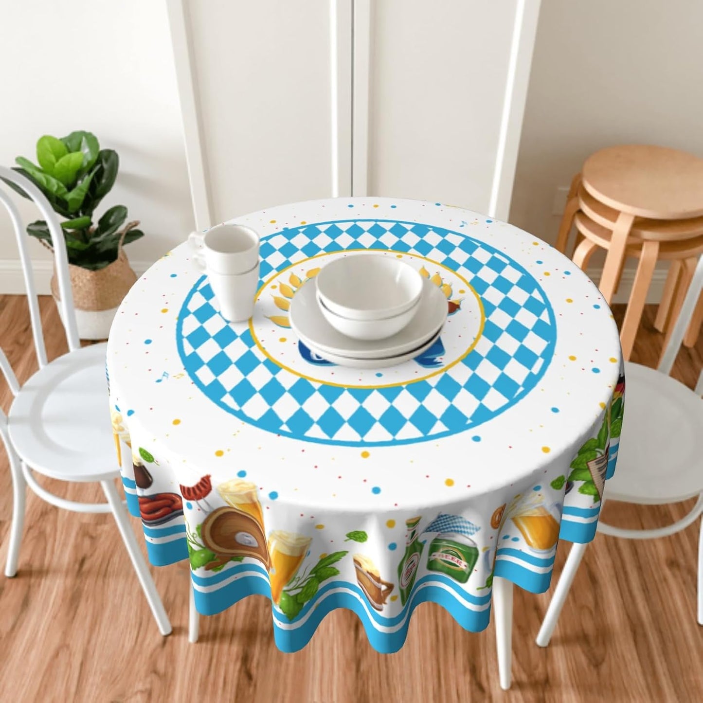 Giwawa Oktoberfest Tablecloth Round 60Inch Bavarian Beer Sausage Pretzel Table Cover Heat Resistant Polyester Fabric Blue White Checkered Table Cloth for Kitchen Dining Party Holiday Decor