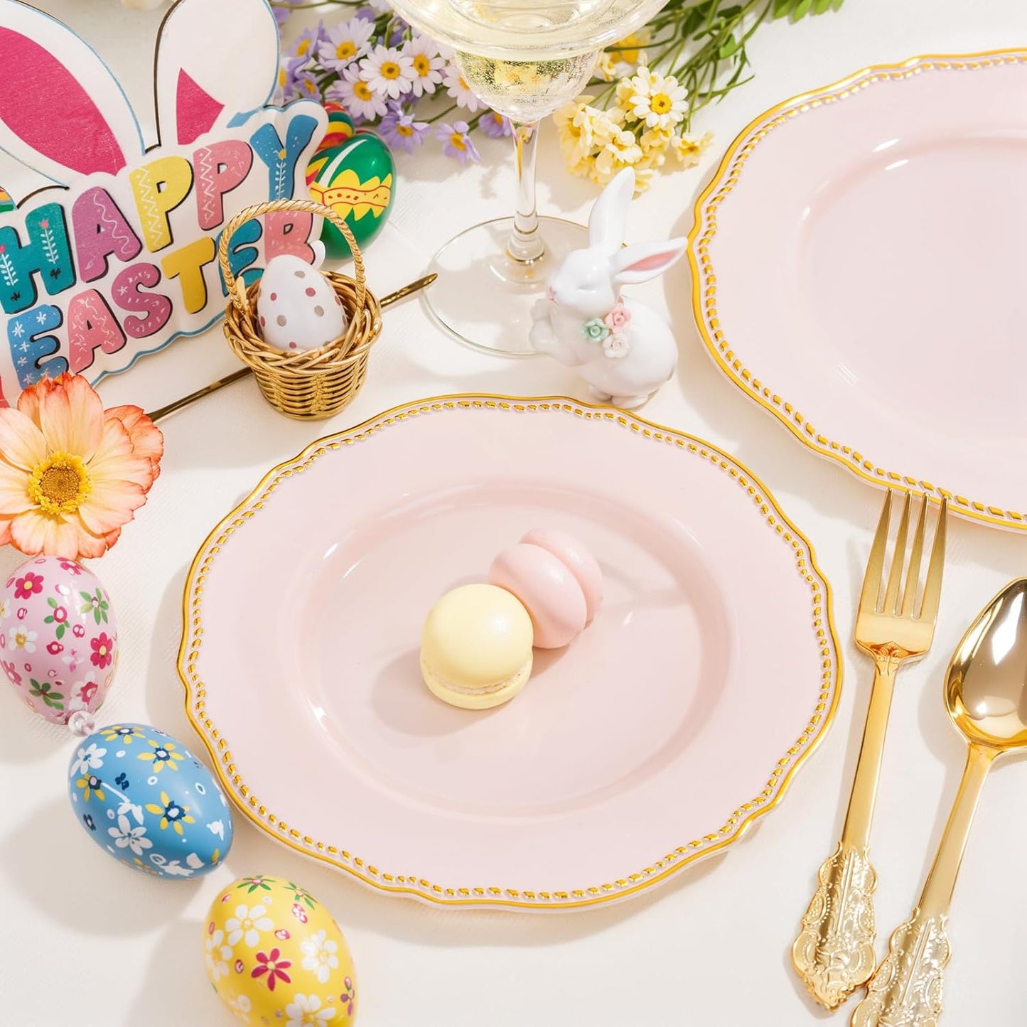 Hioasis 60pcs Pink Plastic Plates - Pink and Gold Disposable Dinnerware with Gold Rim, Heavy-duty, 10.25 inch, Dinner Plates for Party & Wedding