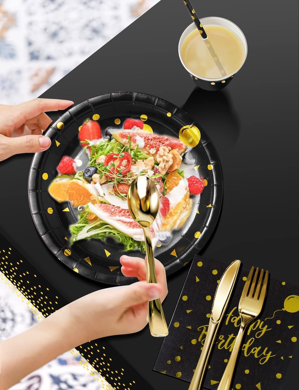 Birthday Party Tableware, 161 Pieces Black Gold Party Supplies, Party Dinnerware Sets Include Paper Plates Napkins Cups Silverware, for Shower Engagement Parties Decoration -20 Serves
