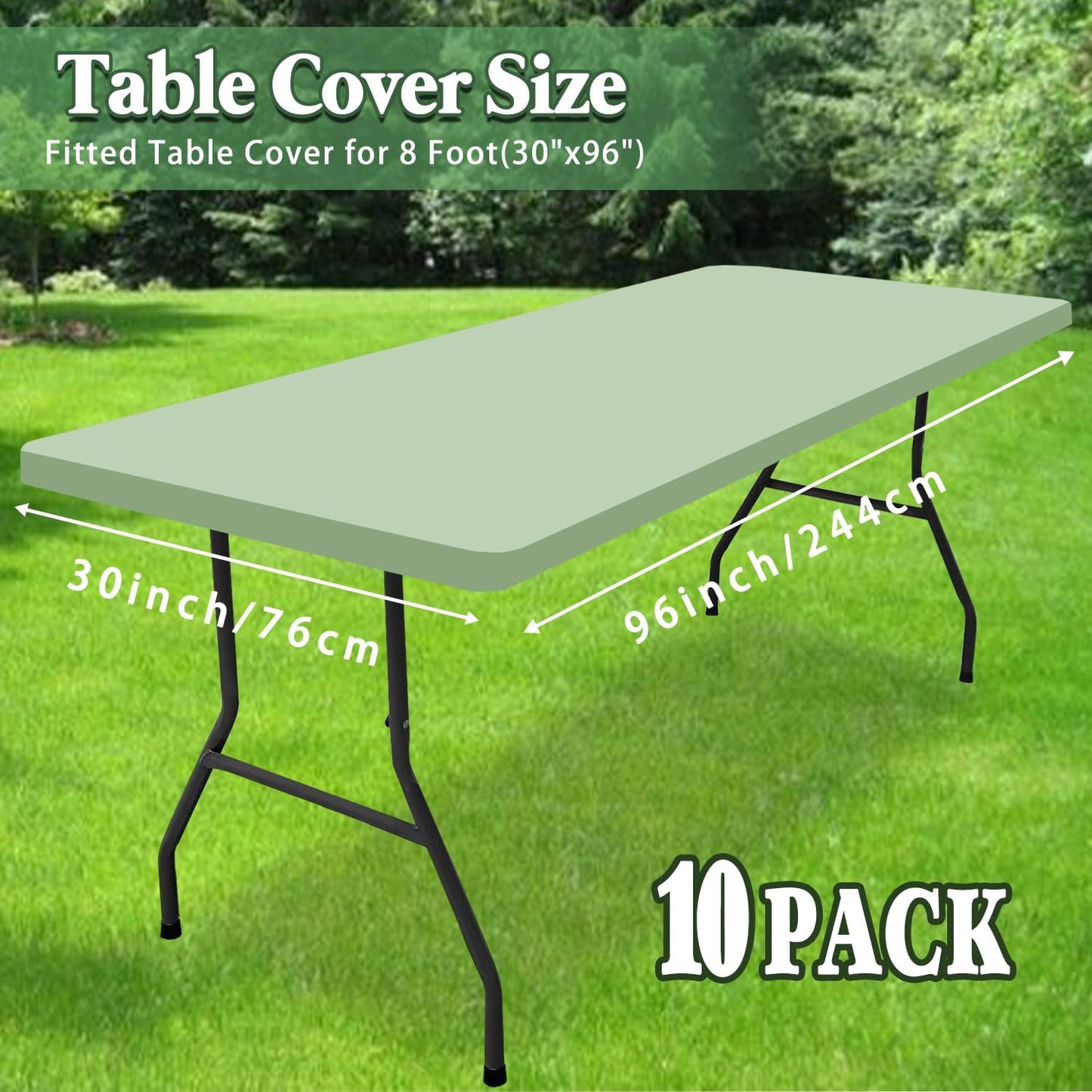 10 Pack Picnic Table Cover Elastic Fitted Outdoor Tablecloths for 8 Foot Rectangle Tables Waterproof Stretch Washable Patio Folding Spandex Table Cloth Camping Banquet Parties (Sage Green,30" x 96")