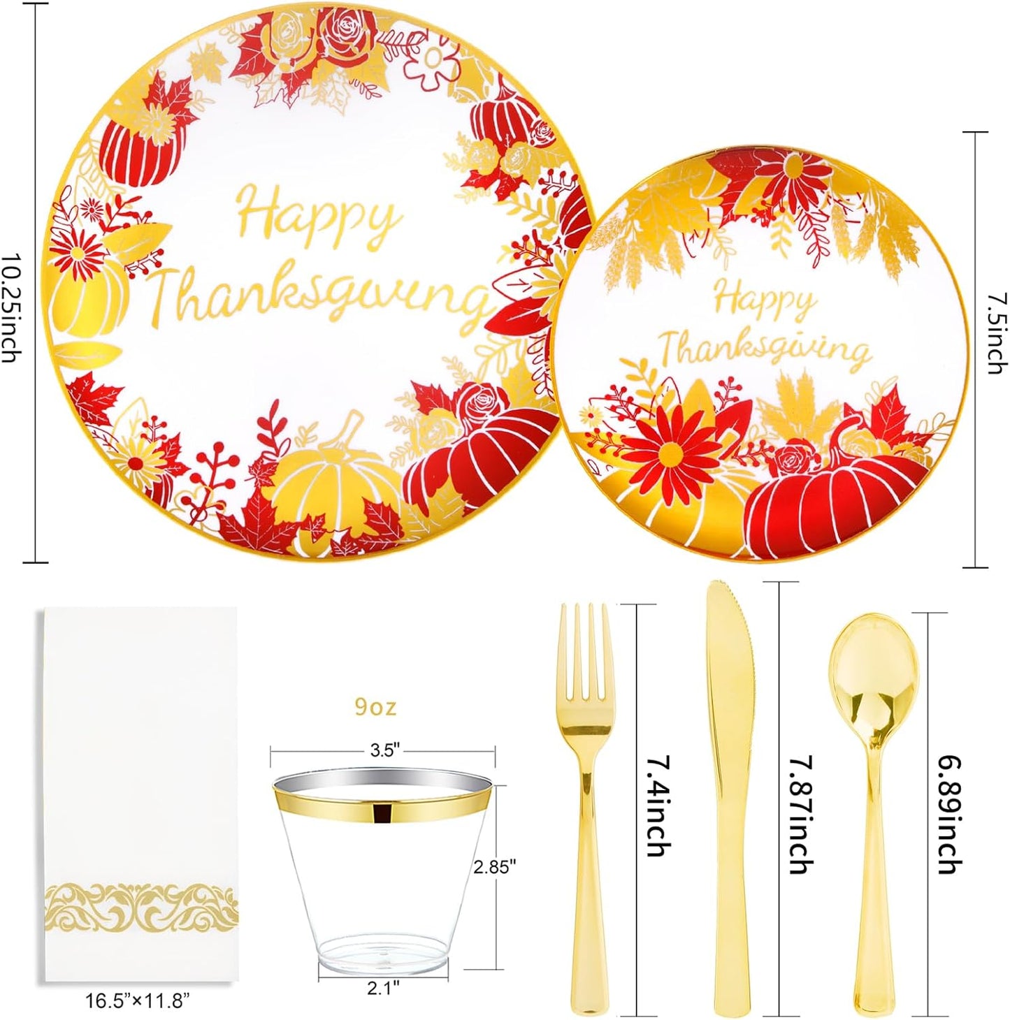 I00000 210Pcs Thanksgiving Plates Red and Gold Plastic Plate Dinnerware Set for 30 Guests Include 10.25" Dinner & 7.5" Dessert Plates, Pre Rolled Silverware Set, Cups for Party & Thanksgiving