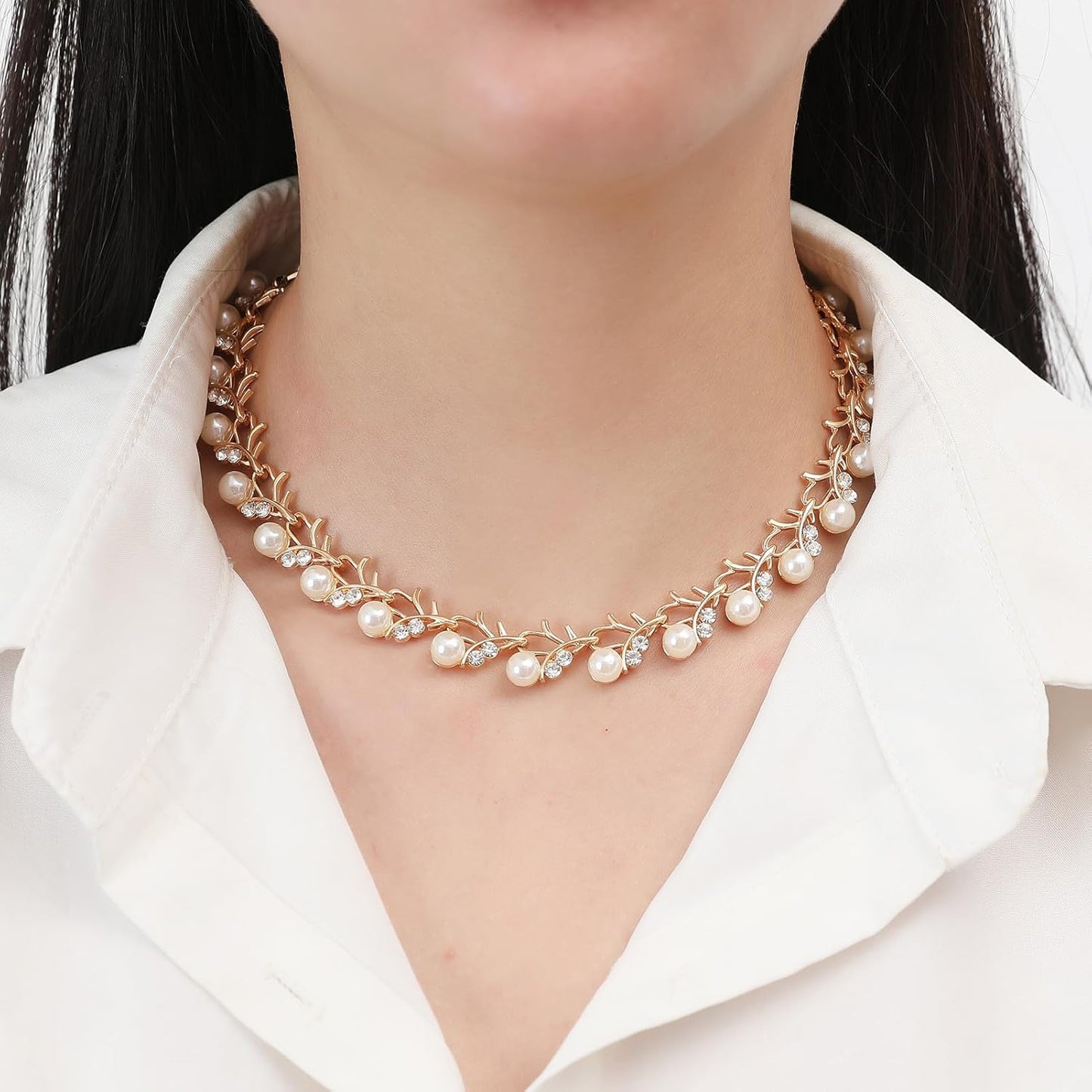 la luen Pearl Bride Wedding Jewelry Set Faux Pearls Crystal Rhinestone Necklace Earrings Bracelet Sets for Women Bridesmaid(3 PCS)