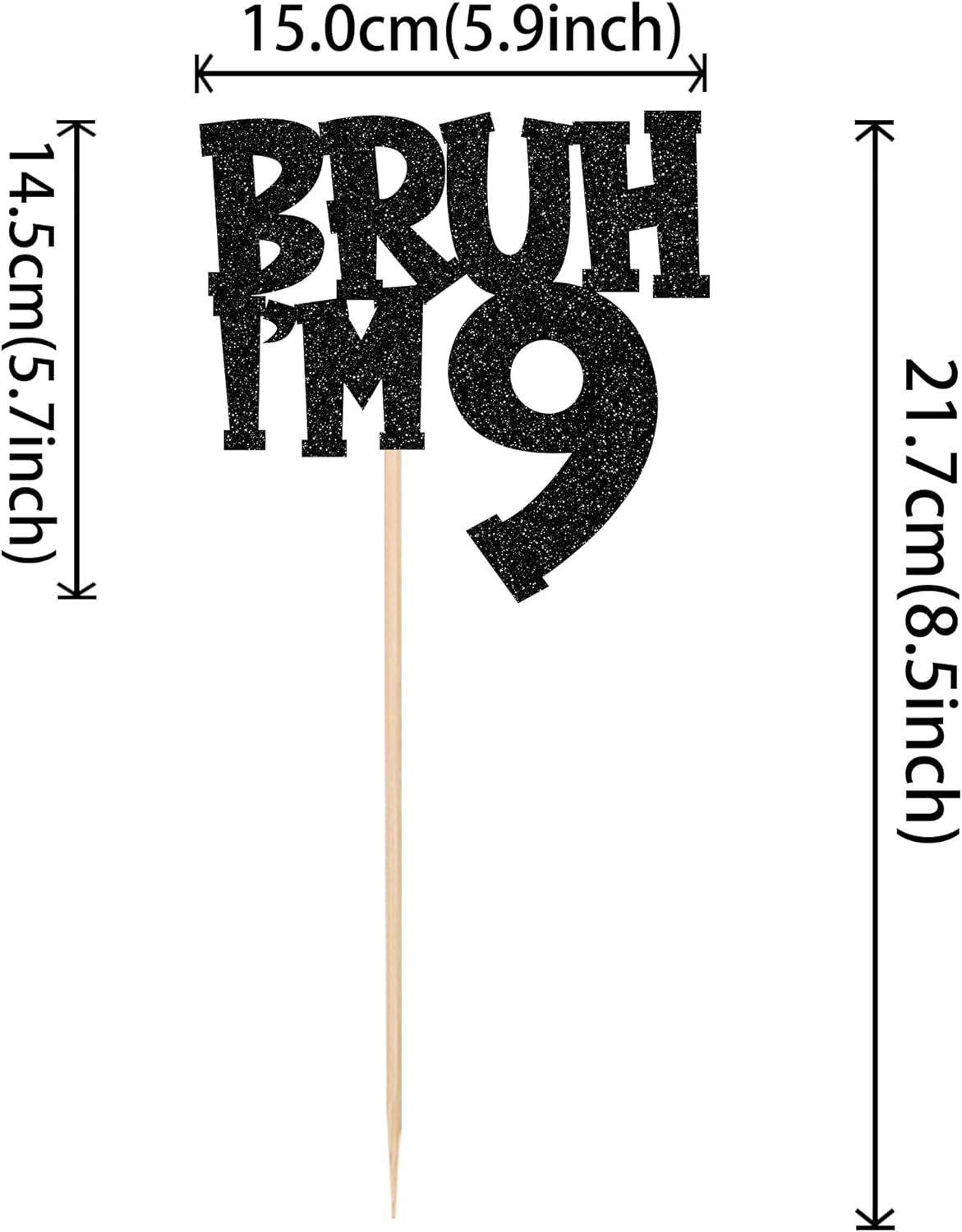 1 PCS Bruh I'm 9 Cake Topper Black Glitter Happy 9th Birthday Cake Pick Bro I'm 9 It's My 9th Birthday Cake Decoration for Cheers to 9 Years Birthday Party Decorations Supplies