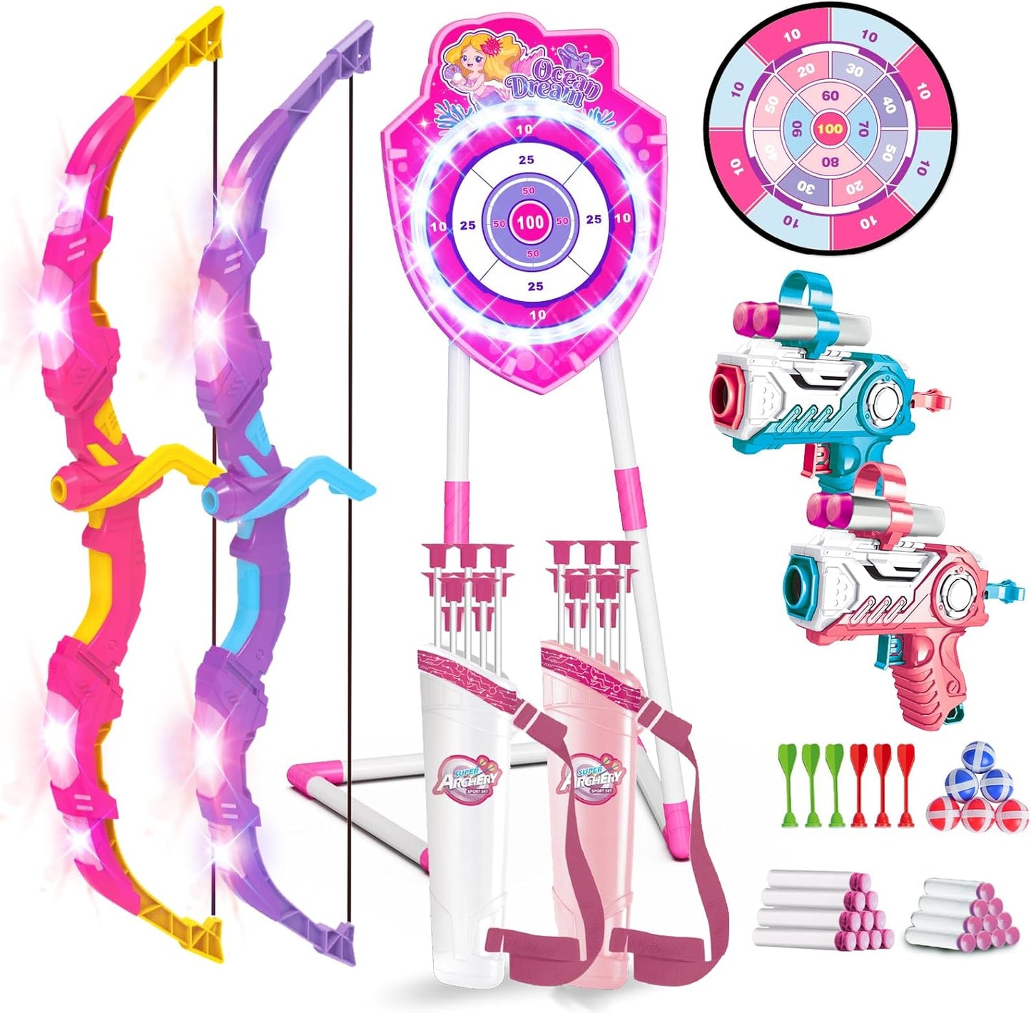 VATOS 2 Pack Bow and Arrow Toy with LED Light - 4 in 1 Archery & Dart Game Set with 20 Suction Cup Arrows, Mermaid Glow Target & Dart Board - Indoor/Outdoor Birthday Gift for Kids Boys Girls Ages 5-12