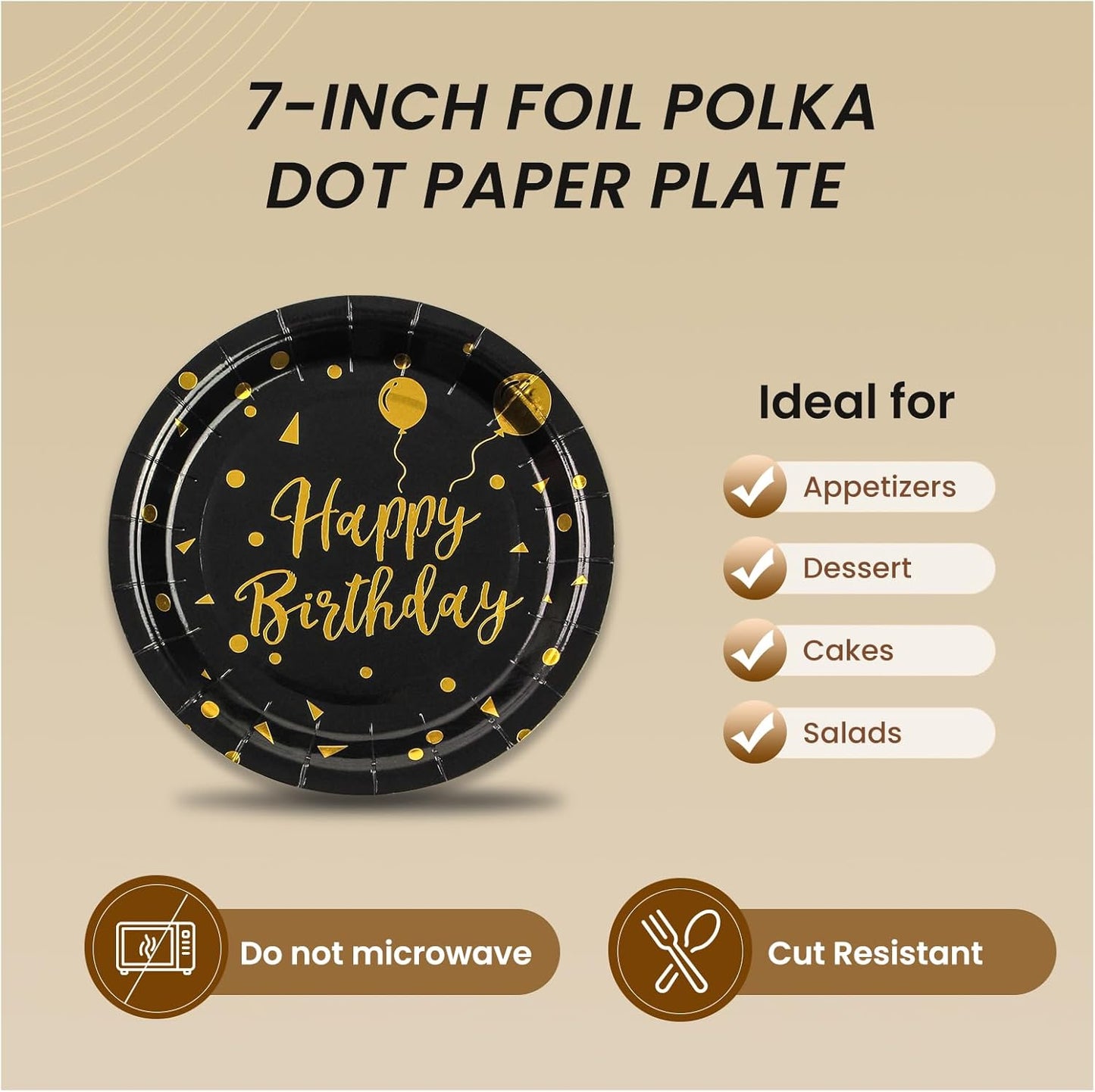 75PCS Happy Birthday Paper Plates - 7 Inch Black Gold Dot Paper Plates and 6.5 Inch Napkins with 6.3 Inch Gold Forks Disposable Tableware Set for Birthday Party Decorations, Serves 25