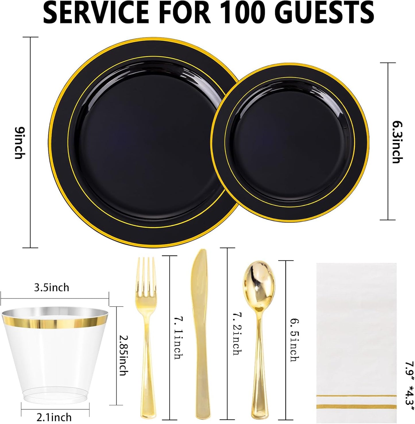 GATHER 700PCS Black Plastic Plates - Gold Disposable Plastic Dinnerware Set Include 200 6.3inch/9inch Black Plates, 300 Silverware, 100 Napkins, 100 Cups for Party & Wedding & Halloween