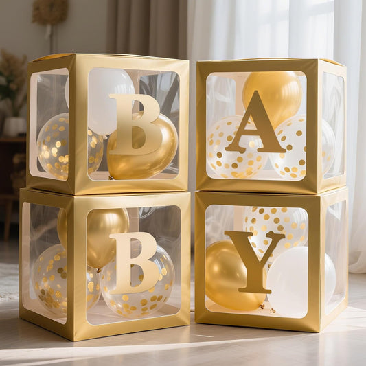 Ledido Baby Boxes with Letters for Baby Shower Decorations with 38 Balloons, 4 pcs Clear Baby Balloon Boxes Blocks for Baby Shower Decor Boy Girl Gender Reveal Decorations Backdrop Party (Gold)