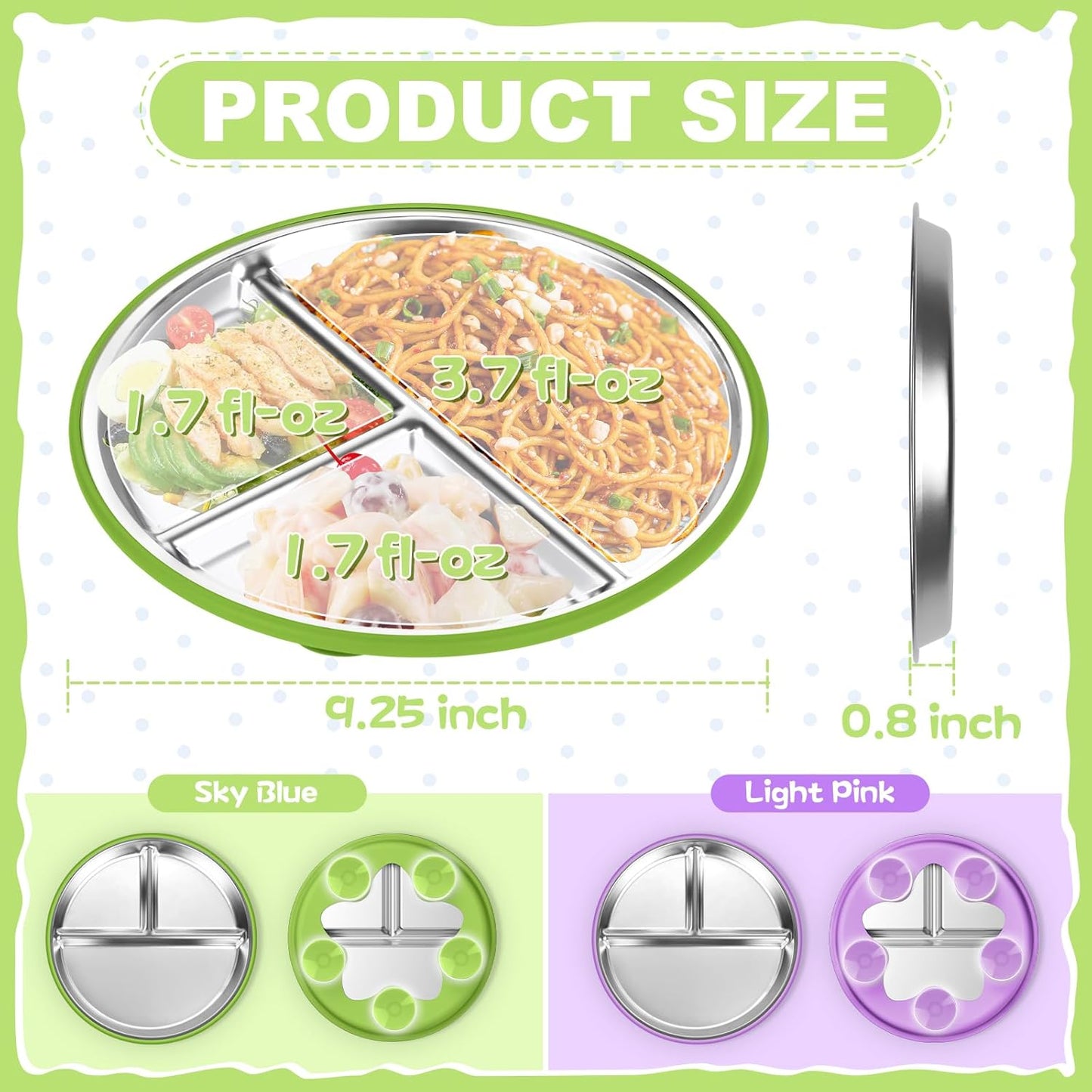 OVV Stainless Steel Kids Plates (2 Pack) – 9 Inch Toddler Divided Plates with ﻿Removable Silicone Sleeves & 5 Suction Cups Baby Self Feeding | Mess-Free Mealtime | Dishwasher Safe