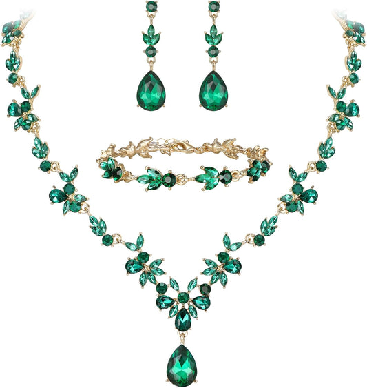 BriLove Wedding Jewelry Set for Women Bride, Y-Necklace Tennis Bracelet Dangle Earrings Crystal Teardrop Marquise Cluster for Bridal Bridesmaid