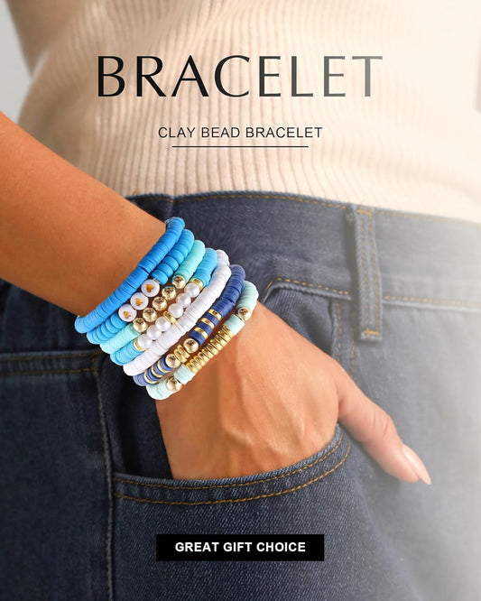 Friendship Bracelets Trendy Heishi Clay Bead Bracelets Stack Gold Beaded Stretch Bracelets for Women Boho Stackable Bracelets Bulk Cute Preppy Jewelry