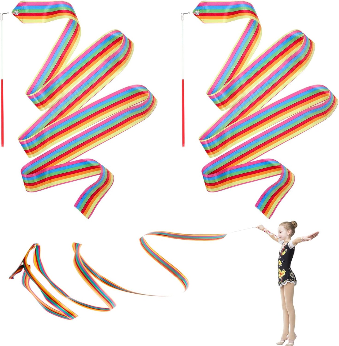 2PCS Rainbow Party Favors - Dance Ribbons for Kids Circus Carnival Rhythmic Gymnastics Birthday Party Decoration Supplies, Ribbon Baton Twirling Sticks Silks Streamers Wands for Girls