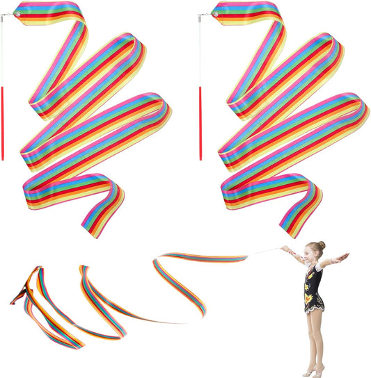 2PCS Rainbow Party Favors - Dance Ribbons for Kids Circus Carnival Rhythmic Gymnastics Birthday Party Decoration Supplies, Ribbon Baton Twirling Sticks Silks Streamers Wands for Girls