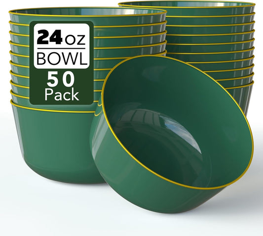 Trendables Disposable Bowls - 24 Oz Set of 50, Green Gold Rimmed Fancy Serving Bowls, Perfect for Ice Cream, Salad, and Candy