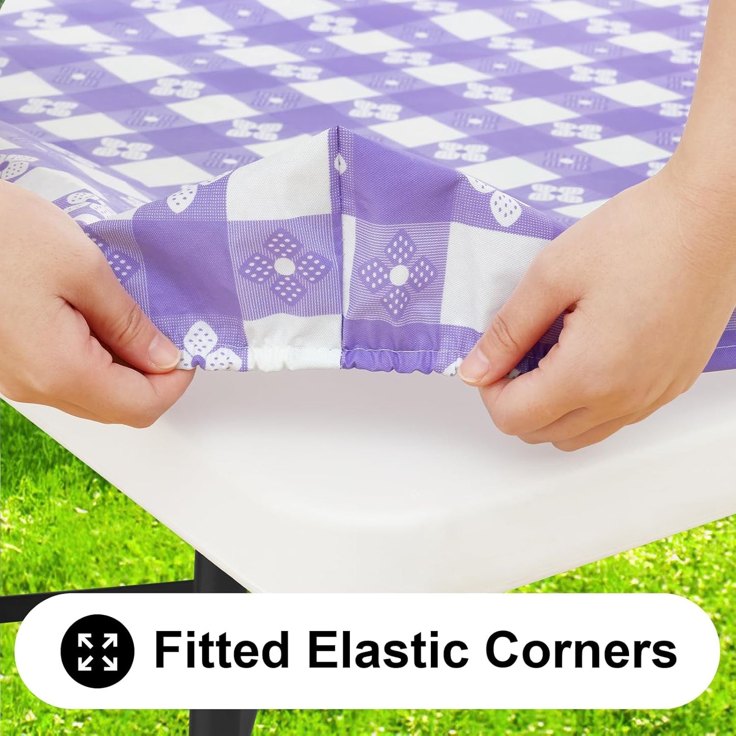 Rectangle Vinyl Table Cloth, Waterproof Elastic Fitted Tablecloth with Flannel Backing, Plastic Table Cover for Picnic, Camping, Outdoor (White & Lavender, 24"x48")