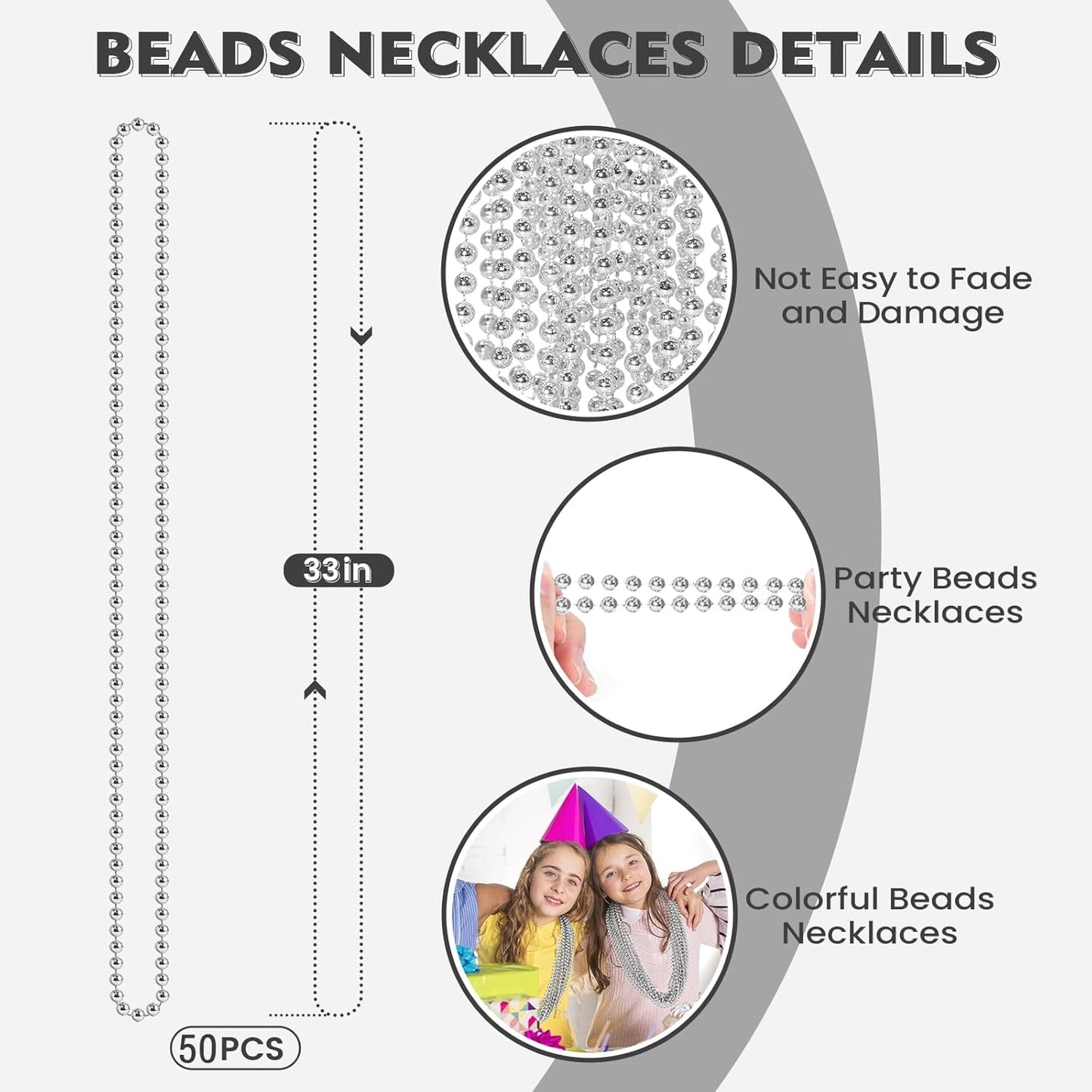 SHAOQINLIN 50 PCS Silver Mardi Gras Beads, 33" Silver Christmas Necklace, Metallic Patriotic Beads Necklaces, Parade Throws Accessories for Christmas Independence Day New Year Party Favors