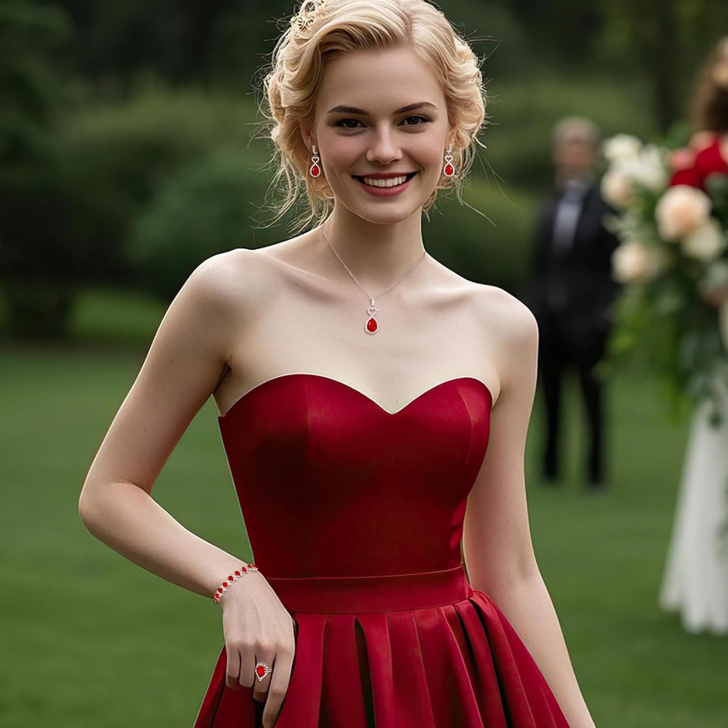 BriLove Wedding Jewelry Set for Women Bride Bridesmaid, Gorgeous Cubic Zirconia Teardrop Necklace Earrings Bracelet Adjustable Ring Jewelry Gift for Birthday/Anniversary/Mother’s Day