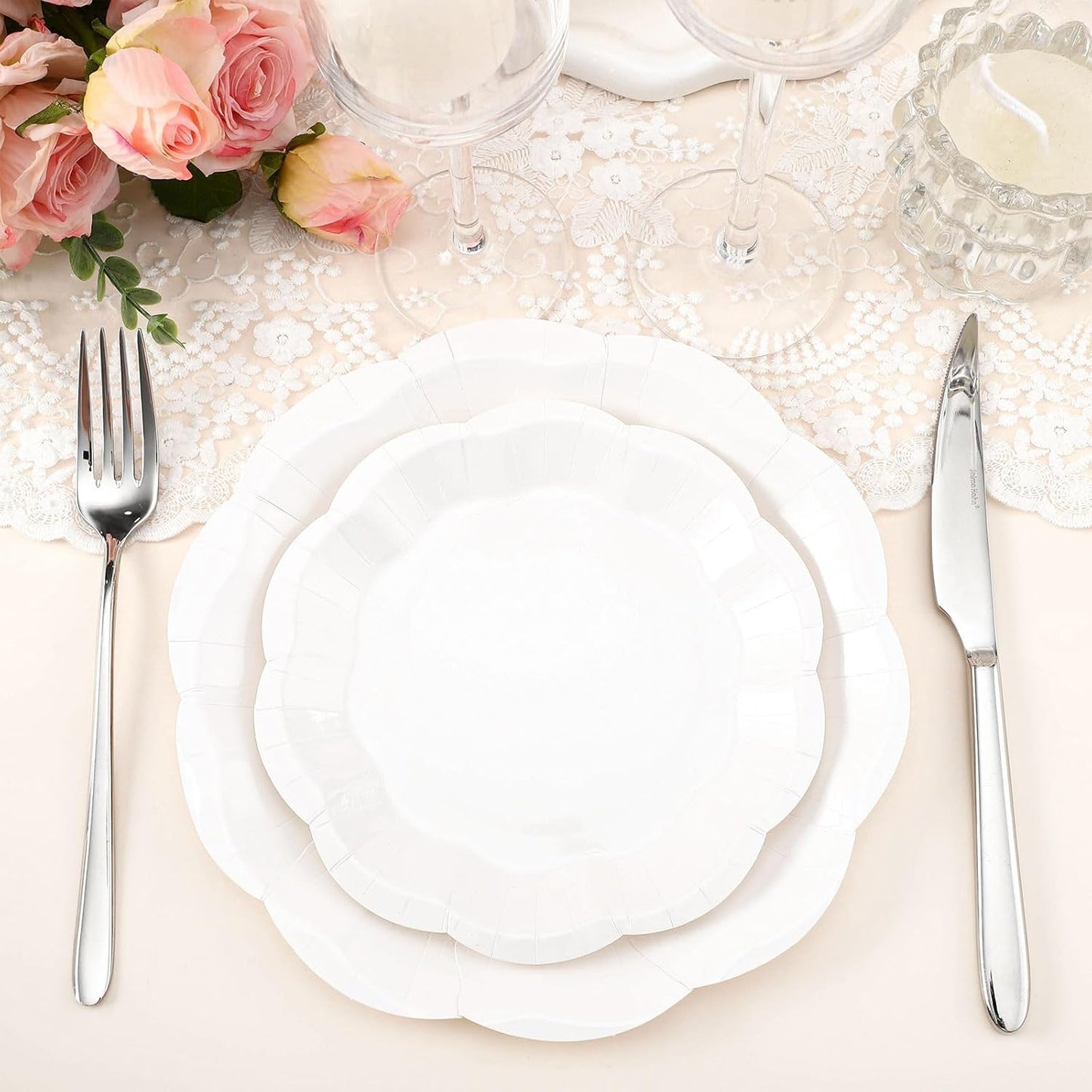 350 Pcs White Party Supplies Include Scalloped Plate Napkin Cup Forks Knives, Plastic Cutlery 50 Guest Disposable Parties Tableware Set for Wedding Baby Shower Bridal Shower Birthday Party