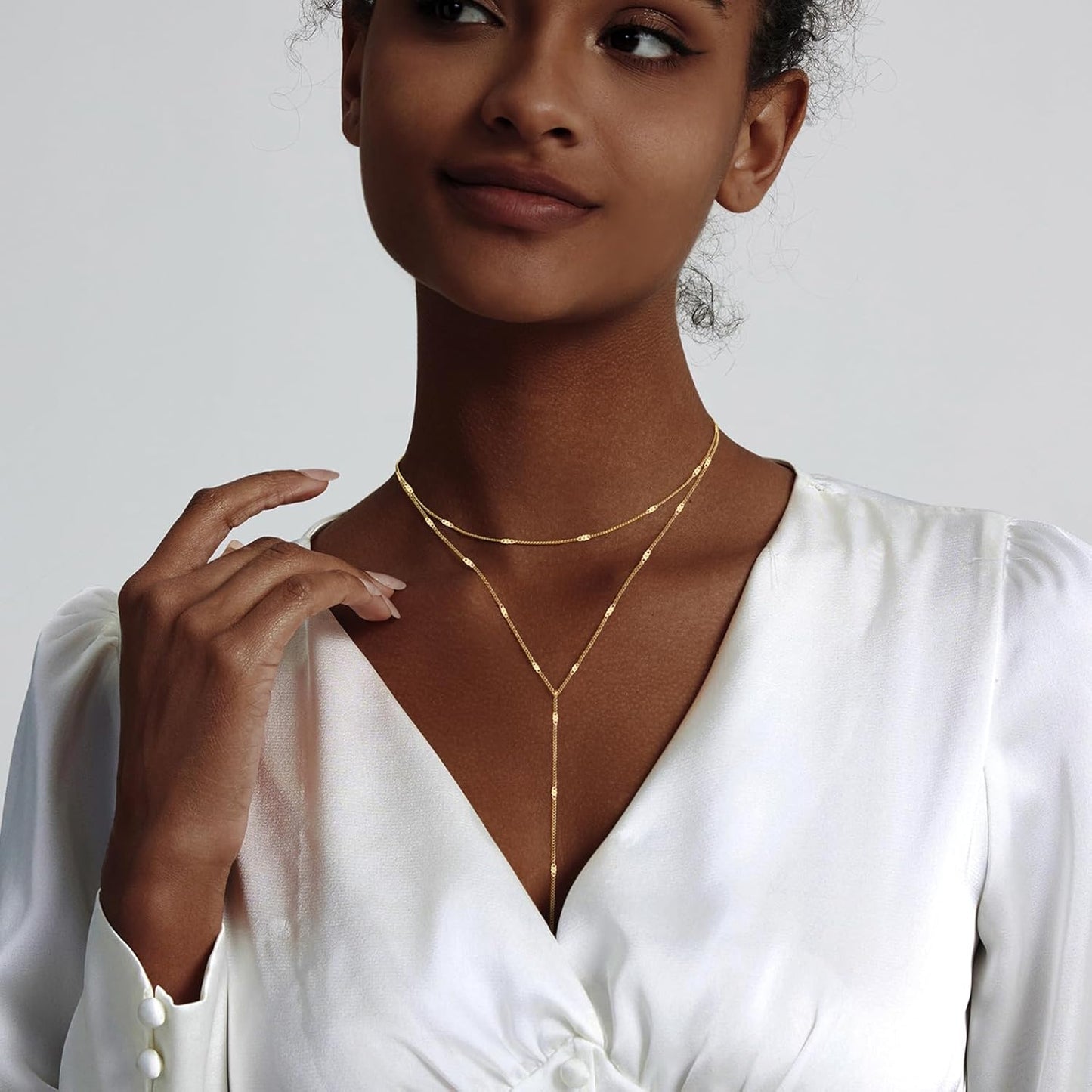 Lariat Gold Necklace for Women, Dainty Long Necklace 14k Gold Plated/Silver Y-Shaped Layered Beaded Chain Drop Necklaces for Women Trendy Simple Gold Jewelry for Women Gifts