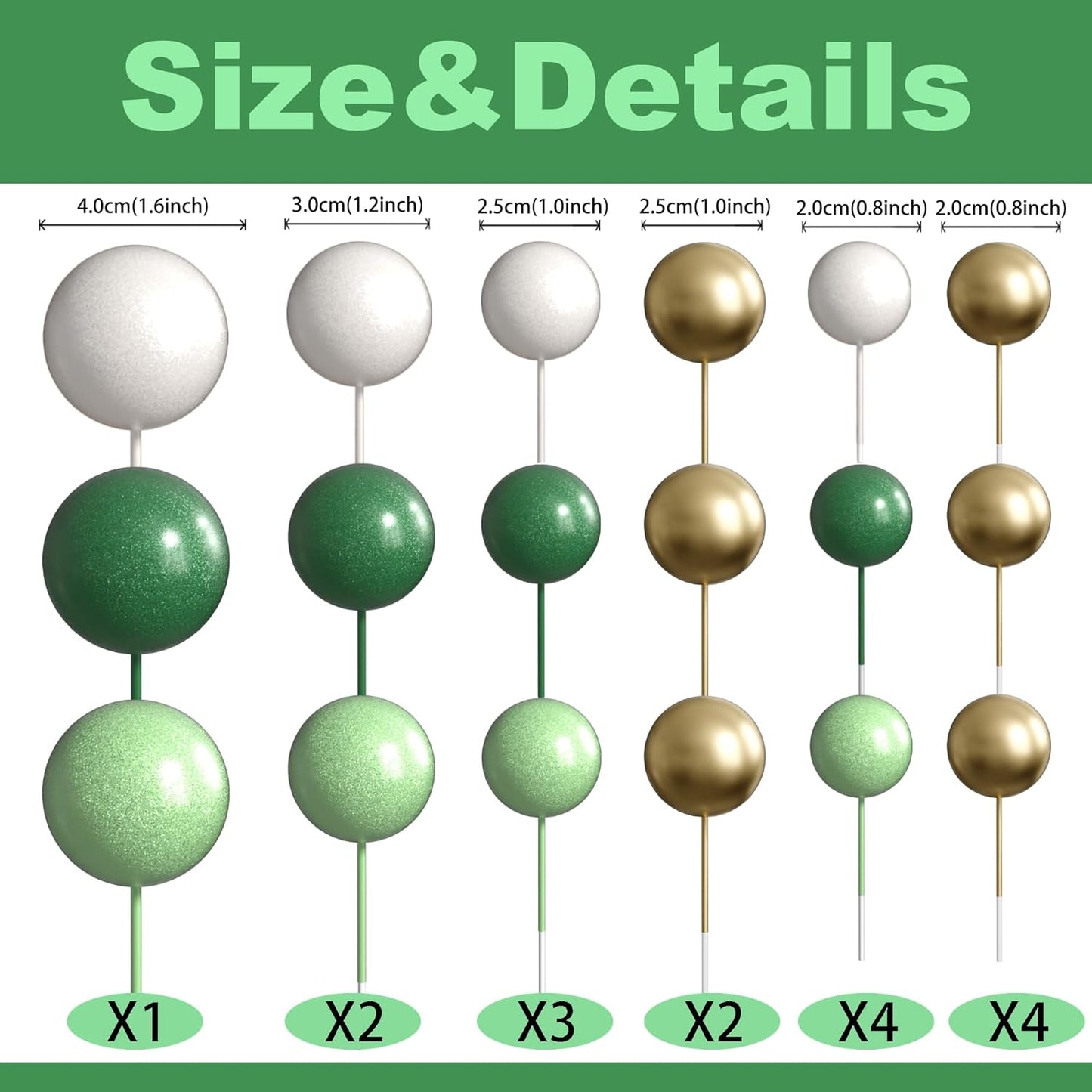 36 Pack Balls Cake Topper Decorations Foam Balloons Cake Decorations Mini Balloons Cake Toppers Balls Cake Picks for Baby Shower Wedding Anniversary Birthday Party Decorations Light Green White Gold
