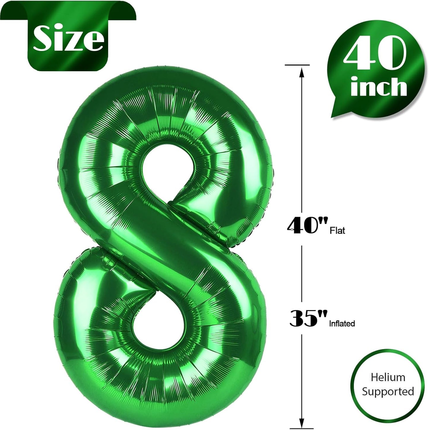 Green 8 Balloon, Number Balloons 40 Inch, 8th Birthday Decorations for Boys Girls, Green Birthday Balloons, Party Supplies, Number 8 Balloon, Games Theme Decorations