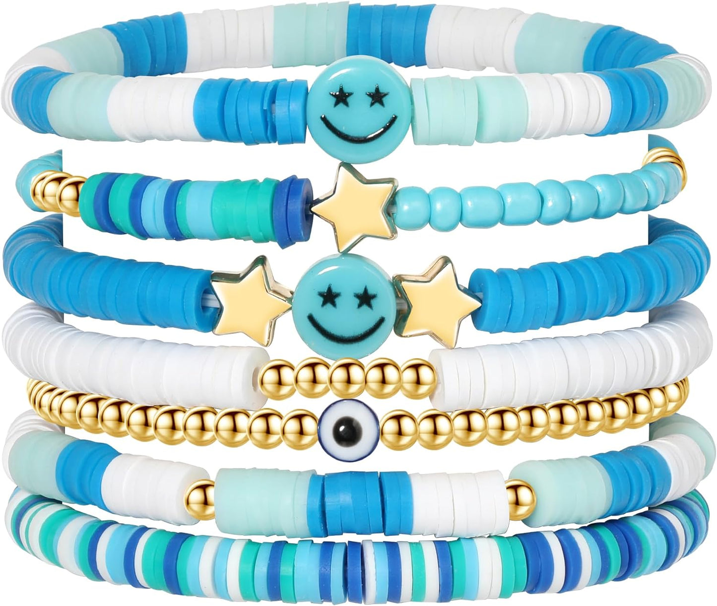 Preppy Bracelets Set Colorful White Gold Smile Heart Star Polymer Beaded Pearl Clay Stackable Charm Y2K Kidcore Aesthetic Summer Beach Bohemian Stretch Layering Bracelets Jewelry for Girls Women Teens