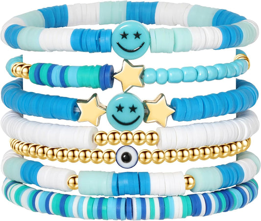 Preppy Bracelets Set Colorful White Gold Smile Heart Star Polymer Beaded Pearl Clay Stackable Charm Y2K Kidcore Aesthetic Summer Beach Bohemian Stretch Layering Bracelets Jewelry for Girls Women Teens