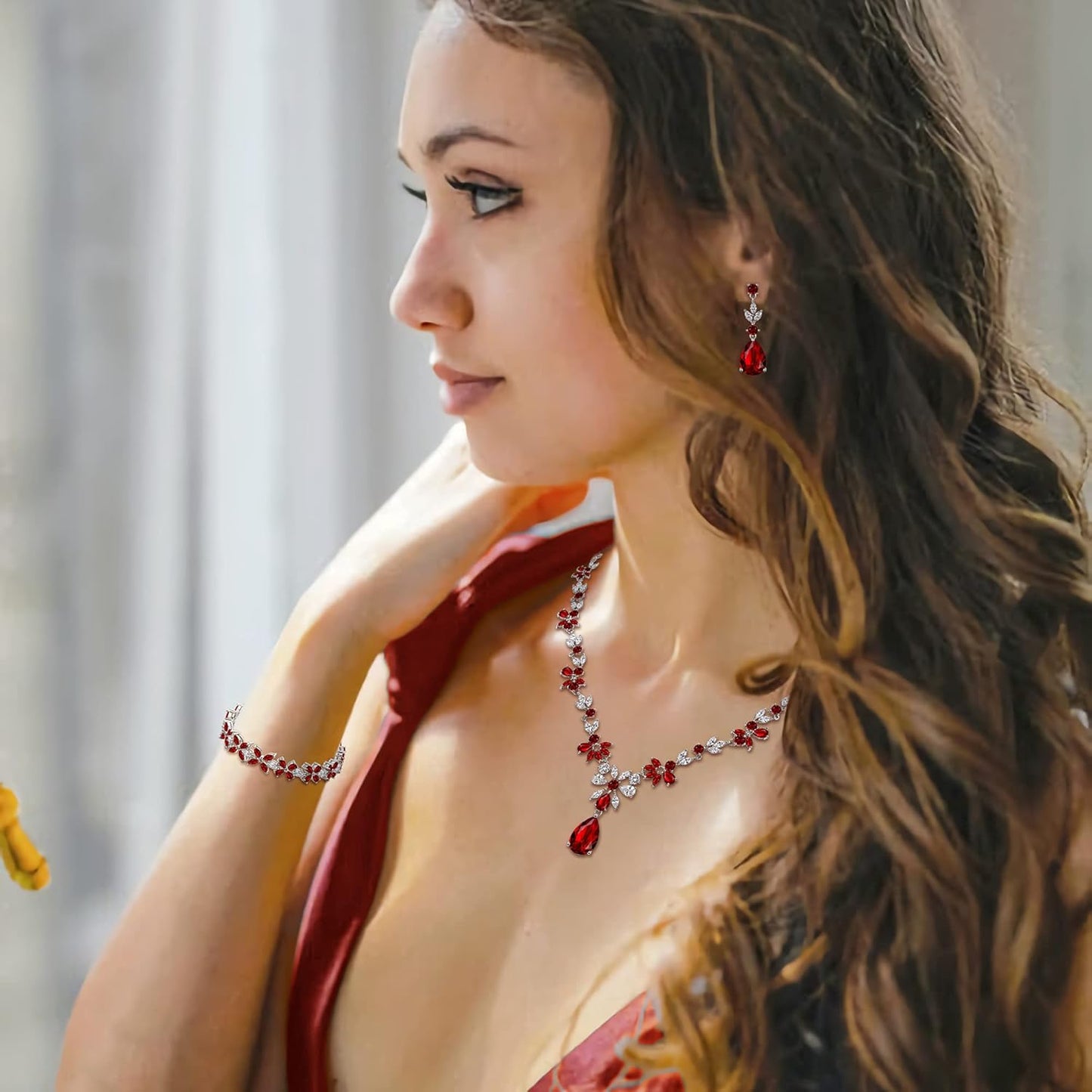 Crysdue Wedding Jewelry Set for Women, Floral Leaf Vine Teardrop Necklace Dangle Earrings Bracelet and Hair Comb, Cubic Zirconia Elegant Party Prom Jewellery for Bridal Bridesmaid