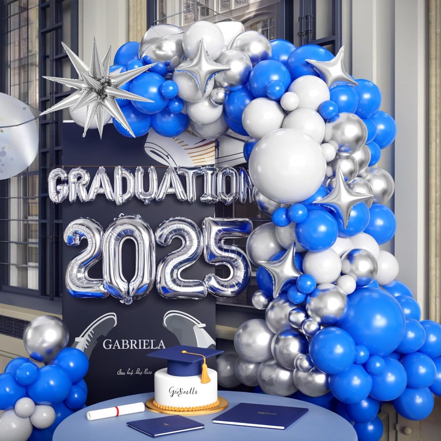 Blue Silver White Balloons Arch Kit with Explosion Star 4D Silver Foil Balloon Royal Blue White Metallic Balloons Garland for Blue 2025 Graduation Decoration Birthday Baby Shower Party