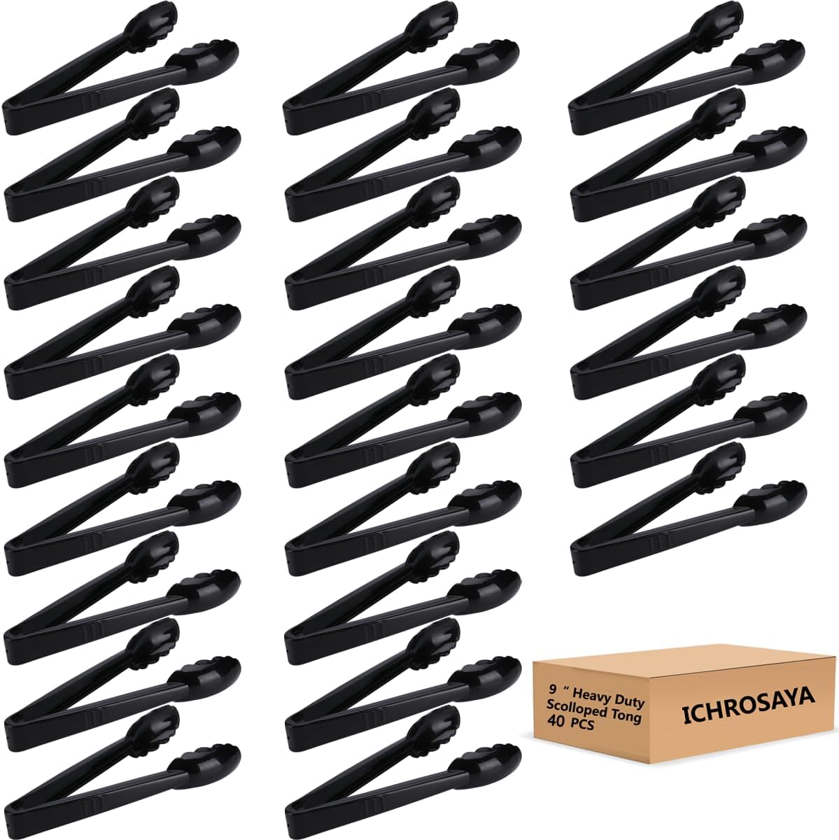 40 Pieces Plastic Salad Tongs, Black Kitchen Serving Tongs, 9 Inch Disposable Utensils Set, Heavy Duty Scalloped, Perfect for Buffets and BBQ, Food Safe Material