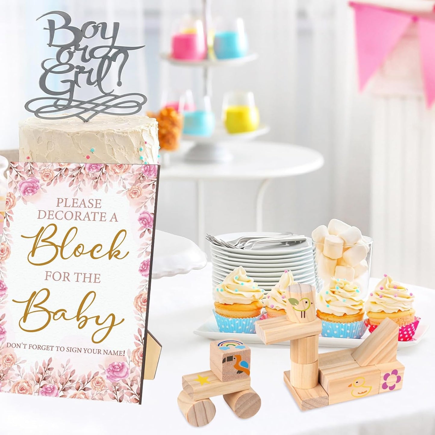 141 Pcs Baby Shower Game Sign Set Includes Decorative Square Signs 100 DIY Blank Wooden Blocks 20 Paint Markers(Flower)