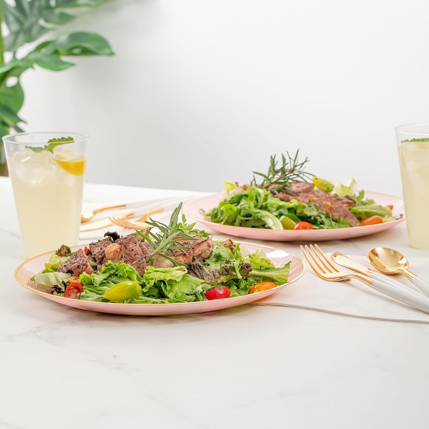 Restaurantware Plastic Plates 20 Pcs 10" Gold Rimmed Disposable Plates Heavy-Duty Pink Translucent Rippled Plastic Dinner Servers for Party, Weddings, Salads, Desserts, and Appetizers