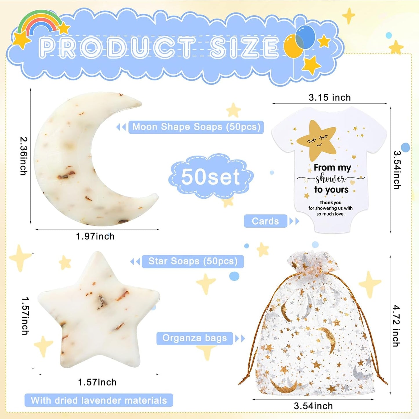 50 Sets Baby Shower Favors Lavender Moon Star Soaps for Guests with Thank You Cards Organza Bags Baby Shower Gifts for Gender Reveal Party Decoration Women Men