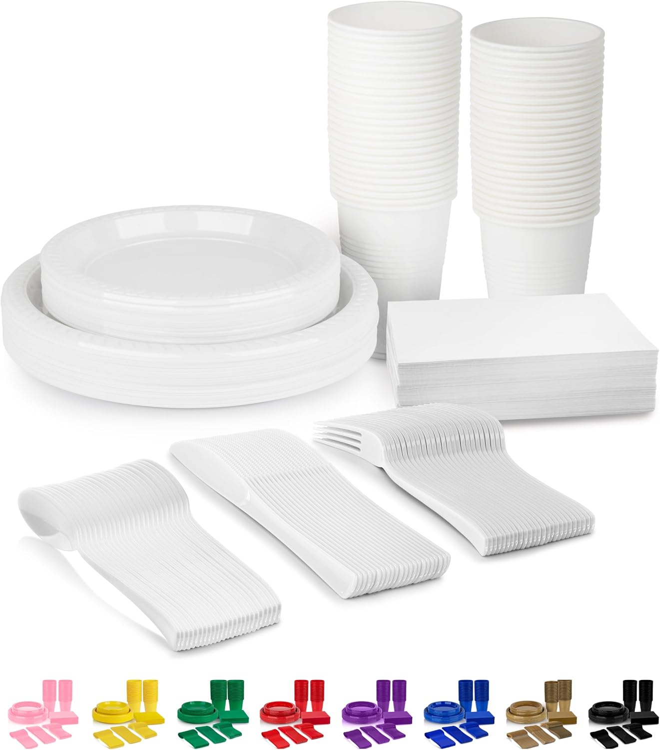350 Piece WHITE Disposable Dinnerware Set 50 Guests, Plastic Party Plates And Cups And Napkins Sets - 50 Count 9" Dinner Plates, 7" Dessert Plates, 12oz Cups, Paper Napkins, Forks, Knives & Spoons