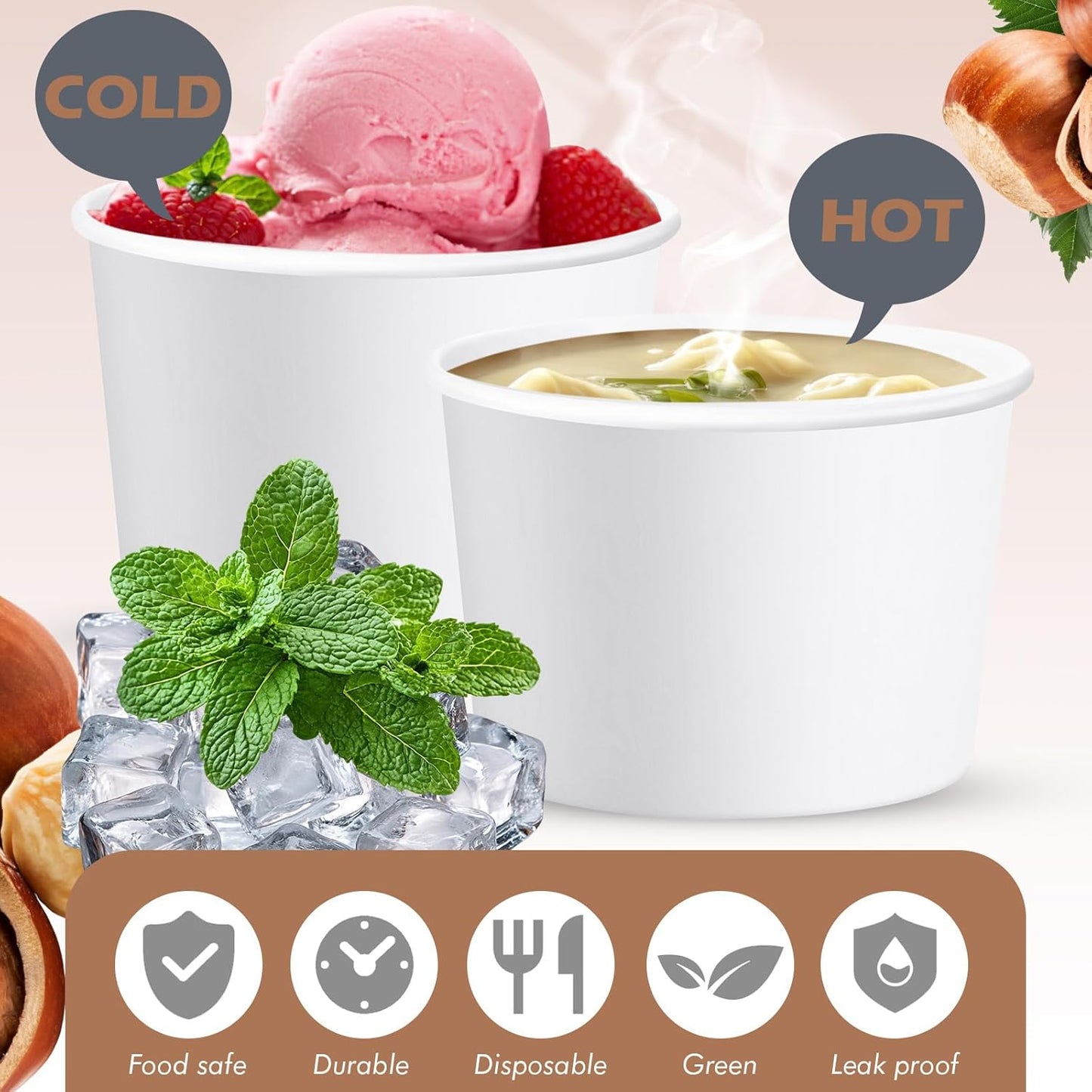 Paper Ice Cream Cups 9oz Colored Disposable Dessert Bowls for Hot or Cold Food Party Cups for Birthday Baby Shower Easter Party Supplies(White,60 Pcs)