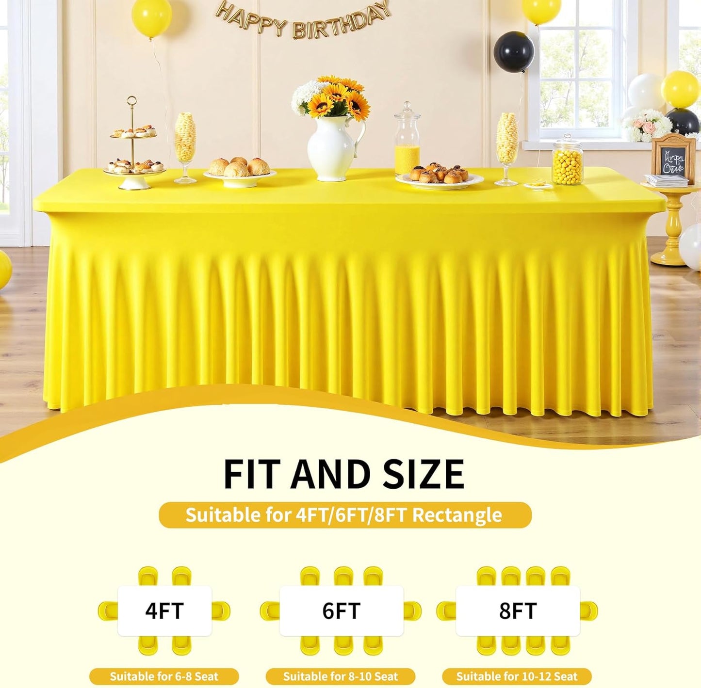 Outpain 4Pack Yellow 6ft x 72in Rectangle Spandex/Polyester Blend Tablecloths for Standard Folding Tables - Wrinkle, Stain & Fade Resistant - Perfect for Multiple Occasions