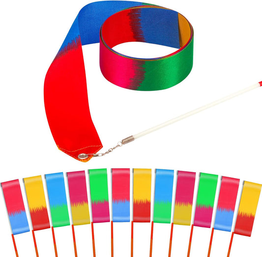 12PCS Rainbow Dance Ribbons Party Favors for Girls Rhythmic Gymnastics Ballerina Birthday Party Streamers Decoration, Kids Circus Carnival Ribbon Silks Sticks Wands
