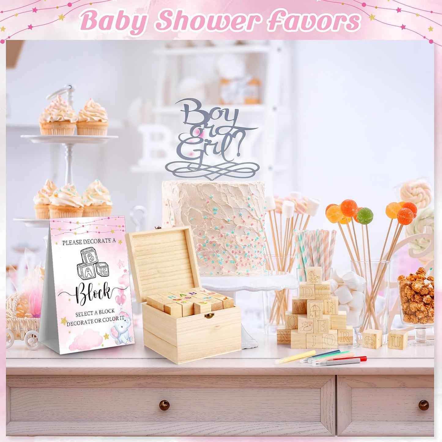 Marsui 136 Pcs Baby Shower Blocks to Decorate Game Kit Includes 98 Wooden Blocks, 36 Markers, 1 Game Sign, 1 Storage Box for Baby Shower Gender Reveal Activity Party Decorations(Pink Elephant)