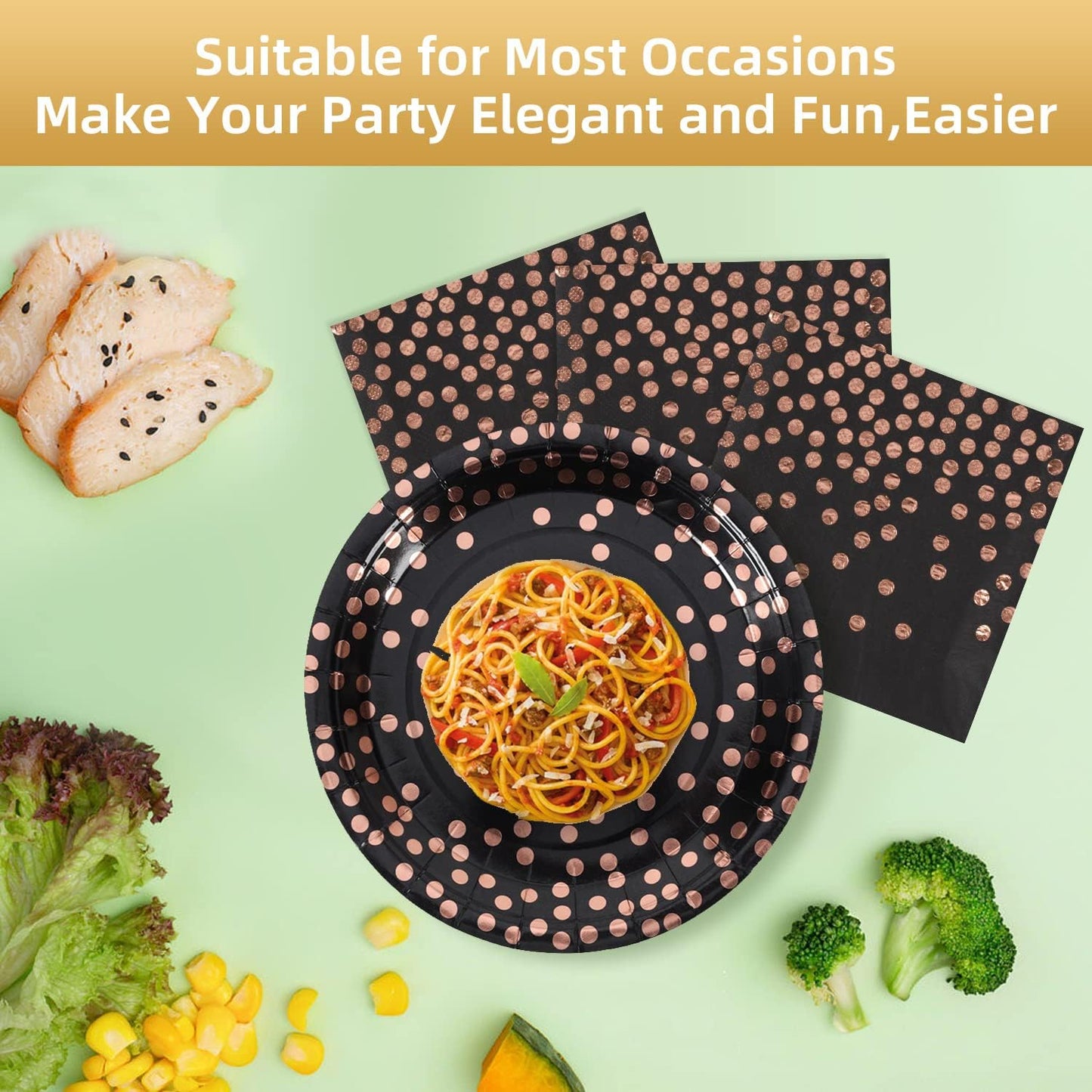 Disposable Paper Plates 100 Pack- Black and Rose Gold Paper Plates 50 x 7" & 50 x 6.5" Napkins, Black Plate and Napkins Party Supplies for Graduation Retirement, All Occasions