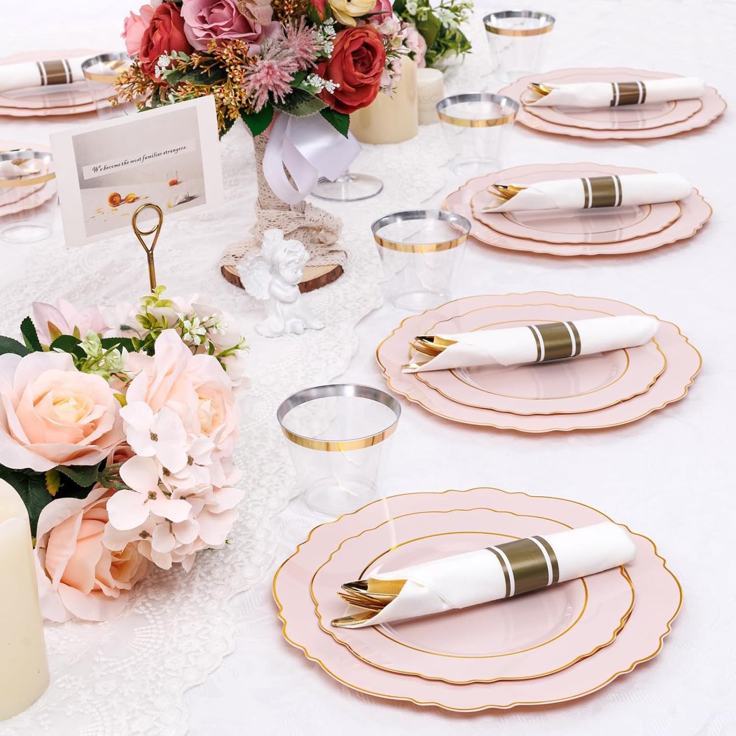 Liacere 350PCS Pink Plates Disposable - Pink and Gold Plates 50guest Baroque Plastic Dinnerware include 100Plates, 50Pack Pre Rolled Napkins with Silverware 50Cups Perfect for Wedding＆Mother's Day