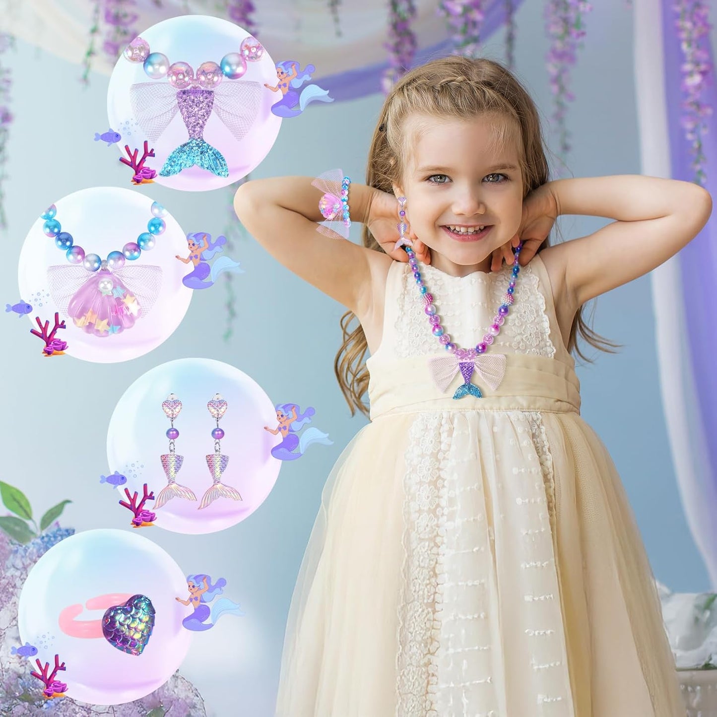 Mermaid Toys Princess Mermaid Jewelry for Girls Mermaid Necklace Bracelet Ring Earrings for Kids, Mermaid Accessories Set for Girls Age 3-8 Mermaid Costume Birthday Party