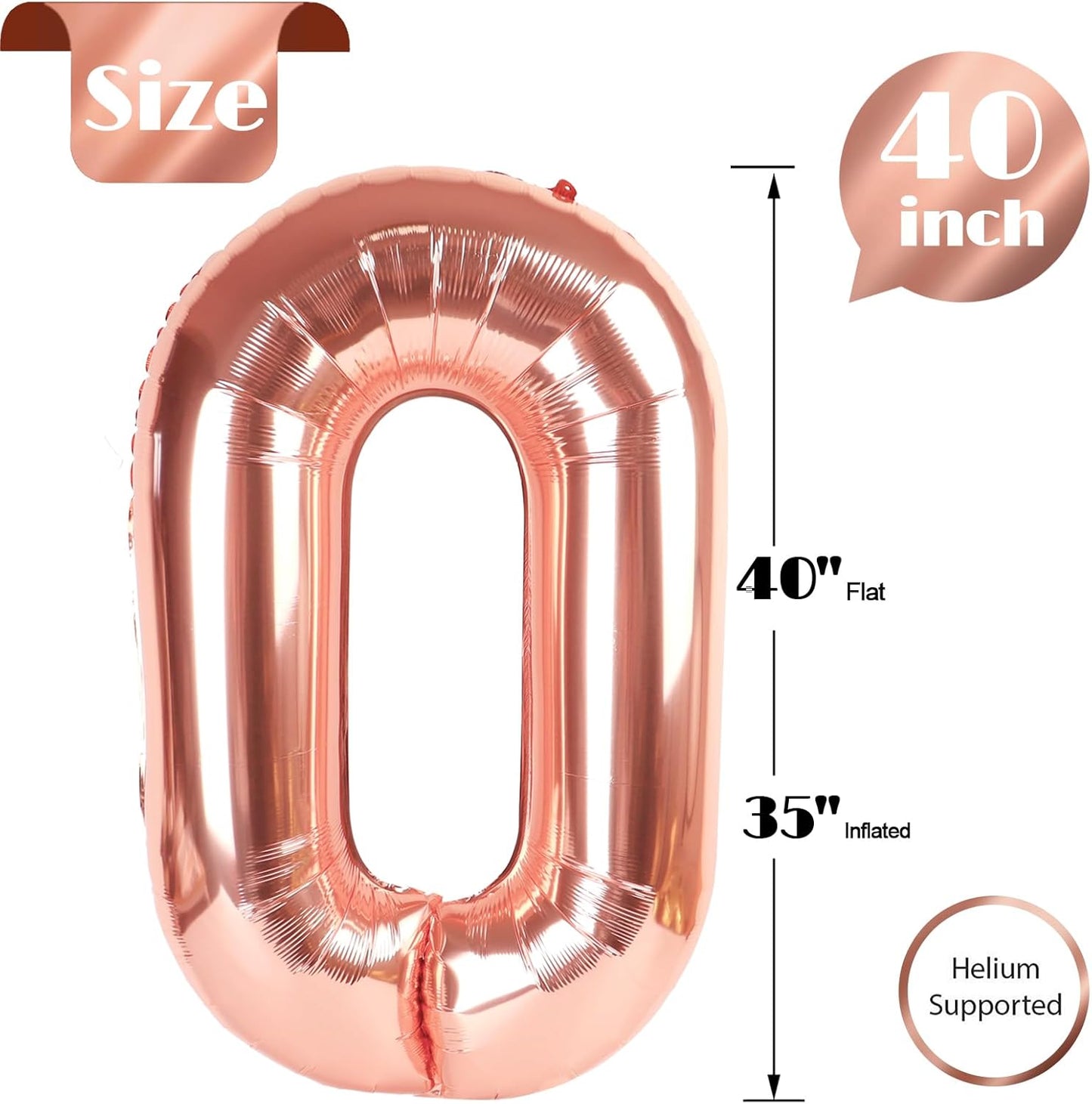 Rose Gold Number Balloon 40 Inch, 0 Number Balloons, 10 20 30 40 50 Numbers Balloon Birthday Decorations, Party Supplies for Women Men