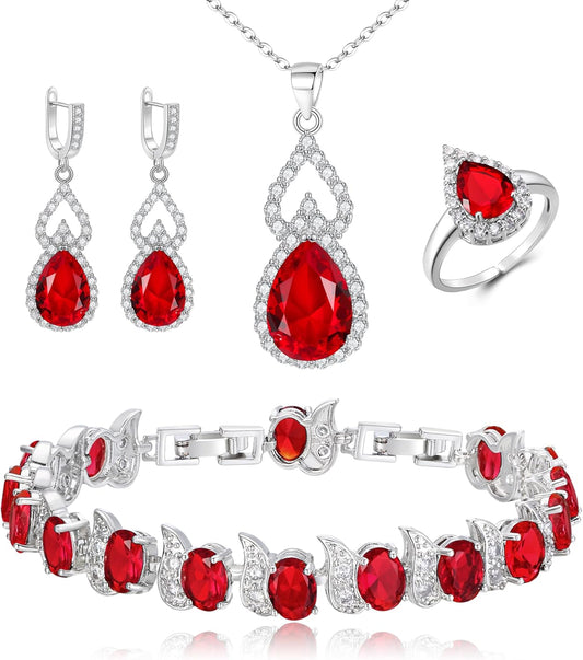 BriLove Wedding Jewelry Set for Women Bride Bridesmaid, Gorgeous Cubic Zirconia Teardrop Necklace Earrings Bracelet Adjustable Ring Jewelry Gift for Birthday/Anniversary/Mother’s Day